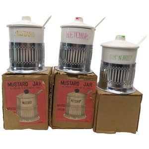 Kitchen King Condiment Jar Set Jam Ketchup Mustard Chrome Stand Vtg Retro Japan